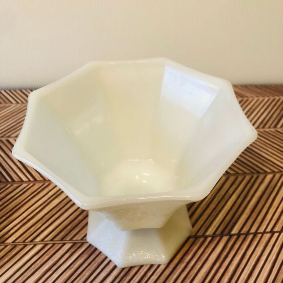 Vintage White Milk Glass Paneled Grape Pattern Octagonal Shaped Footed Pedestal - Picture 4 of 9